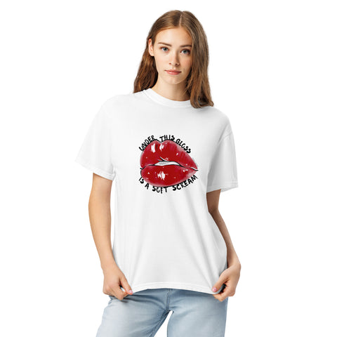 White unisex garment-dyed heavyweight t-shirt with 'Under This Gloss Unisex Tee' design ā Emotional support clothing that sparkles under pressure.