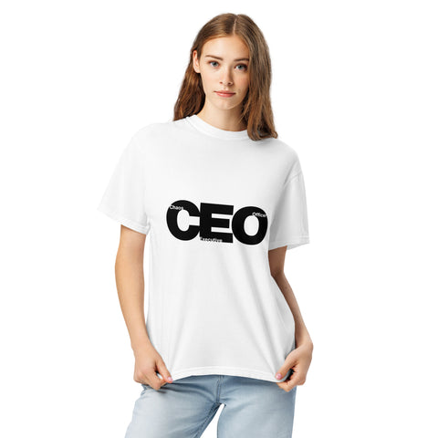 White unisex garment-dyed heavyweight t-shirt with 'CEO Unisex Tee White' design — Emotional support clothing for your high-functioning meltdown era.