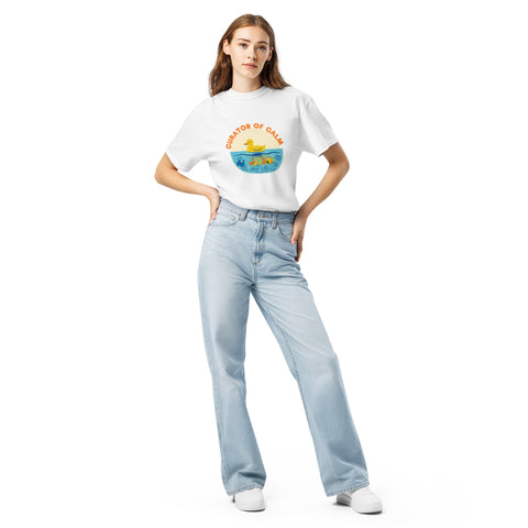 White unisex garment-dyed heavyweight t-shirt with 'Curator of Calm Unisex Tee' design — Emotional support clothing that gets it.