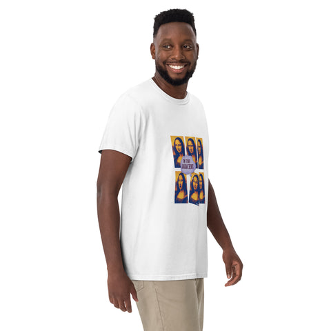 White unisex garment-dyed heavyweight t-shirt with 'Im Fine-Adjacent Unisex Tee' design — Burnout clothing with comedic timing.