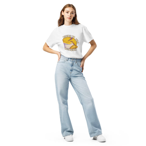 White unisex garment-dyed heavyweight t-shirt with 'Rising To The Occasion Unisex Tee' design — Emotional support clothing for your imperfect glow-up.