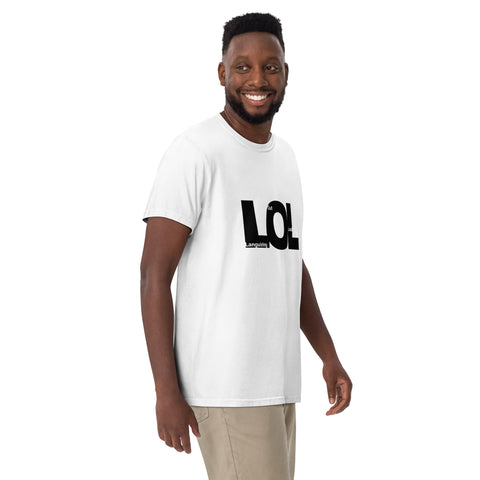 White unisex garment-dyed heavyweight t-shirt with 'LOL Unisex Tee White' design — Millennial humor shirts for the emotionally fried but still funny.