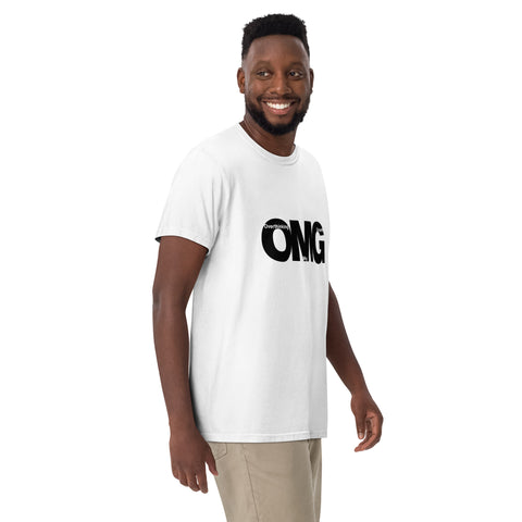 White unisex garment-dyed heavyweight t-shirt with 'OMG Unisex Tee White' design — Emotional support clothing for when your healing loops into a flashback—this tee gets your spiral.