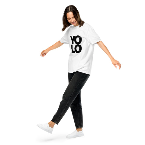 White unisex garment-dyed heavyweight t-shirt with 'YOLO Unisex Tee White' design — Burnout clothing that gets it.
