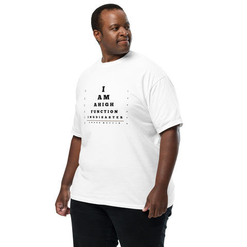 White Left unisex garment-dyed heavyweight t-shirt with 'High Functioning Disaster Unisex Tee (Black Print)' design — Emotional support clothing for high-achieving hot messes.