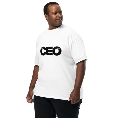 White Left unisex garment-dyed heavyweight t-shirt with 'CEO Unisex Tee White' design — Emotional support clothing for your high-functioning meltdown era.