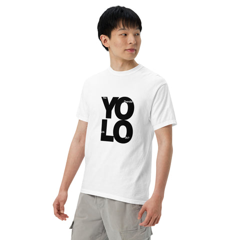 White unisex garment-dyed heavyweight t-shirt with 'YOLO Unisex Tee White' design — Burnout clothing that gets it.