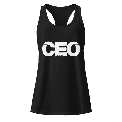 Black product with 'CEO Women‚Äö√Ñ√∂‚àö√ë‚àö¬•s Racerback Tank Top Black' design — for soft rebellion and everyday emotional expression.