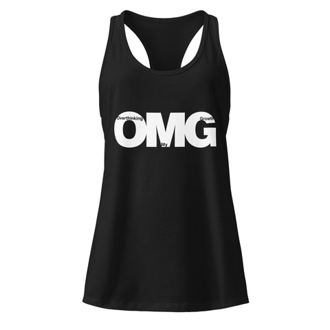 Black product with 'OMG Women‚Äö√Ñ√∂‚àö√ë‚àö¬•s Racerback Tank Top Black' design — for soft rebellion and everyday emotional expression.