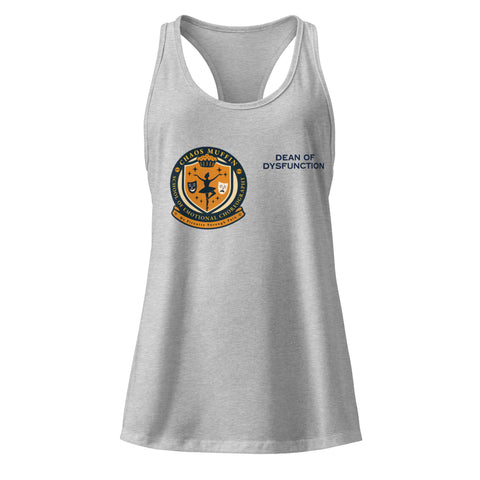 Heather-Gray product with 'School of Emotional Choreography Womens Racerback Tank Top' design — Self care clothing for those who pirouette through pain in posture and glitter.