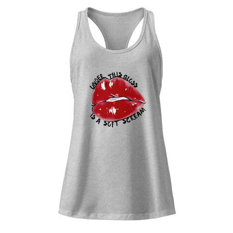 Heather-Gray product with 'Under This Gloss Women‚Äö√Ñ√∂‚àö√ë‚àö¬•s Racerback Tank Top' design — for soft rebellion and everyday emotional expression.
