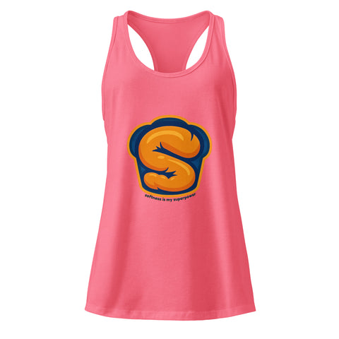 Hot-Pink product with 'Softness Is My Superpower Womens Racerback Tank Top' design — Self care clothing with core strength.