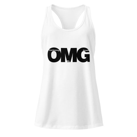 White product with 'OMG Women‚Äö√Ñ√∂‚àö√ë‚àö¬•s Racerback Tank Top White' design — for soft rebellion and everyday emotional expression.