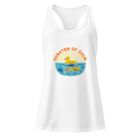 White product with 'Curator of Calm Women‚Äö√Ñ√∂‚àö√ë‚àö¬•s Racerback Tank Top' design — for soft rebellion and everyday emotional expression.