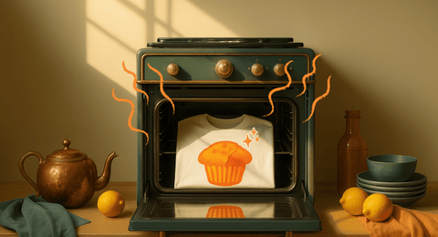 Oven with a muffin inside, surrounded by lemons and a teapot on a wooden surface.