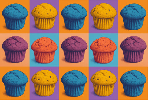 Grid of colorful muffins on a patterned background