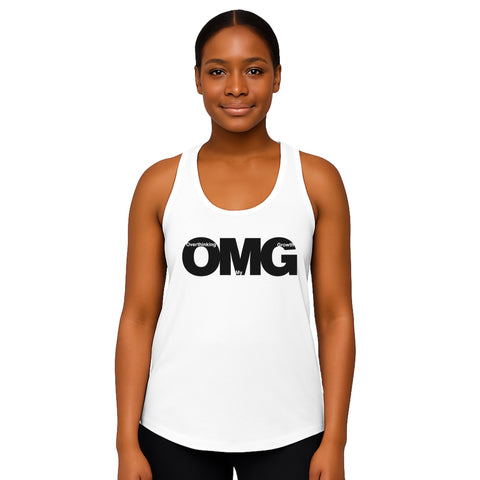 Black product with 'OMG Women‚Äö√Ñ√∂‚àö√ë‚àö¬•s Racerback Tank Top White' design — for soft rebellion and everyday emotional expression.