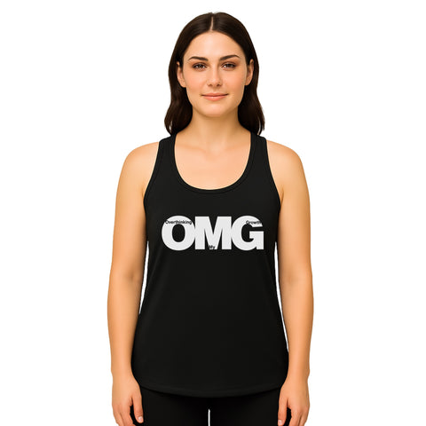 White product with 'OMG Women‚Äö√Ñ√∂‚àö√ë‚àö¬•s Racerback Tank Top Black' design — for soft rebellion and everyday emotional expression.