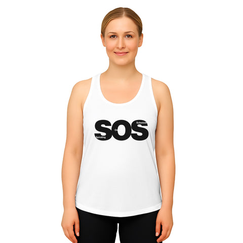 Black product with 'SOS Women‚Äö√Ñ√∂‚àö√ë‚àö¬•s Racerback Tank Top White' design — for soft rebellion and everyday emotional expression.