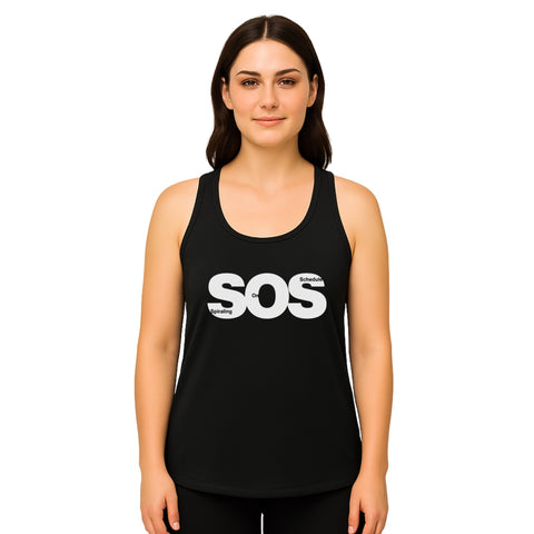 White product with 'SOS Women‚Äö√Ñ√∂‚àö√ë‚àö¬•s Racerback Tank Top Black' design — for soft rebellion and everyday emotional expression.