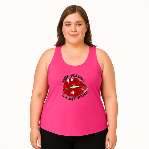 Pink product with 'Under This Gloss Women‚Äö√Ñ√∂‚àö√ë‚àö¬•s Racerback Tank Top' design — for soft rebellion and everyday emotional expression.