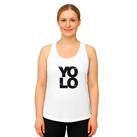 Black product with 'YOLO Women‚Äö√Ñ√∂‚àö√ë‚àö¬•s Racerback Tank Top White' design — for soft rebellion and everyday emotional expression.