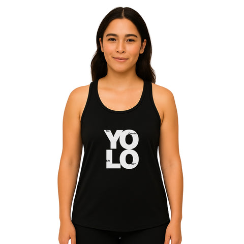 White product with 'YOLO Women‚Äö√Ñ√∂‚àö√ë‚àö¬•s Racerback Tank Top Black' design — for soft rebellion and everyday emotional expression.