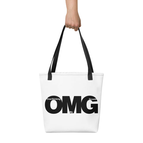 White tote bag with 'OMG Tote Bag' design — Emotional support bag for carrying snacks, spirals, and unresolved plot points.