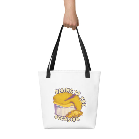 White tote bag with 'Rising To The Occasion Tote Bag' design — Emotional support bag for the beautifully unfinished.