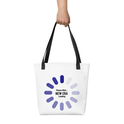 White tote bag with 'New Era Loading Tote Bag' design — Emotional support bag for soft reboots and errands with depth.