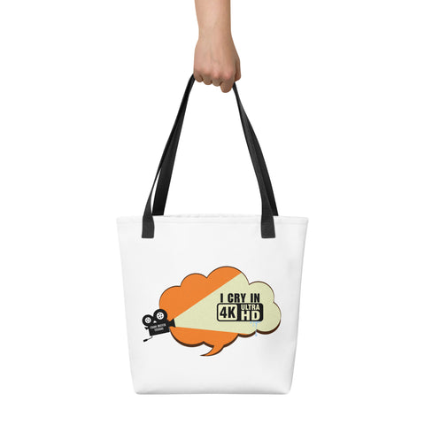 White tote bag with 'I Cry In 4K Tote Bag' design — Funny therapy gifts for meltdown queens.