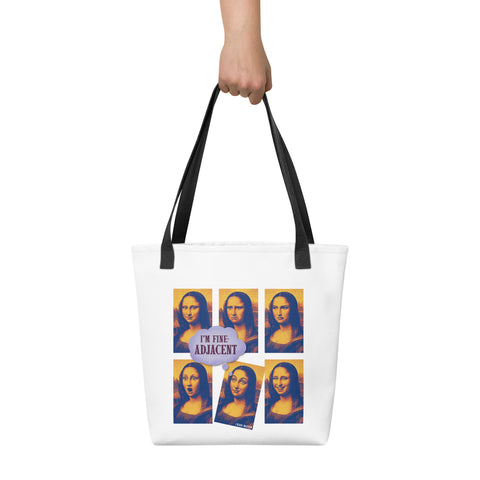White tote bag with 'Im Fine-Adjacent Tote Bag' design — Funny therapy gifts for the emotionally seasoned.