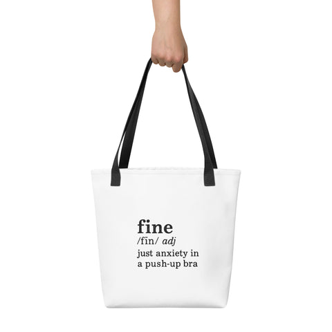 White tote bag with 'Define Fine Tote Bag' design — Funny therapy gifts for emotional carry-ons.