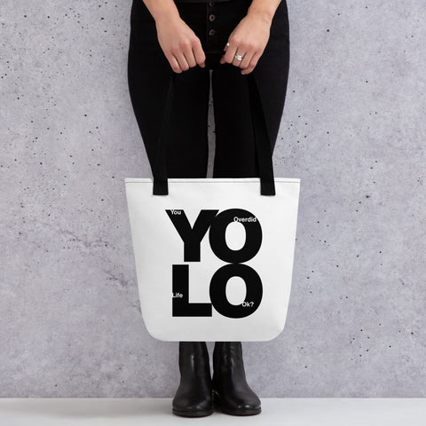 White tote bag with 'YOLO Tote Bag' design — Statement tote bags for those who overdid life and still look good.