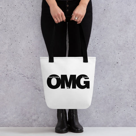 White tote bag with 'OMG Tote Bag' design — Emotional support bag for carrying snacks, spirals, and unresolved plot points.