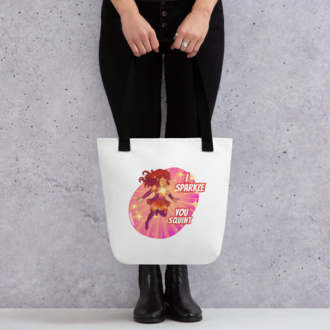 White tote bag with 'I Sparkle, You Squint Super Femme Tote Bag' design — Funny tote bags.