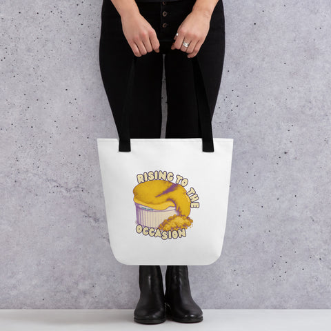 White tote bag with 'Rising To The Occasion Tote Bag' design — Emotional support bag for the beautifully unfinished.