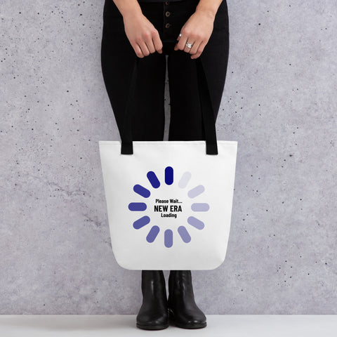 White tote bag with 'New Era Loading Tote Bag' design — Emotional support bag for soft reboots and errands with depth.