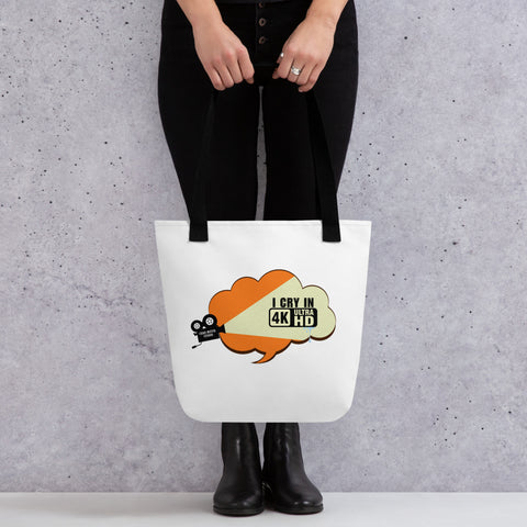 White tote bag with 'I Cry In 4K Tote Bag' design — Funny therapy gifts for meltdown queens.