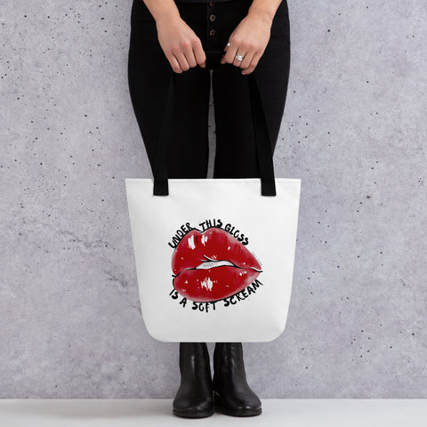 White tote bag with 'Under This Gloss Tote Bag' design — Funny therapy gifts with emotional range.
