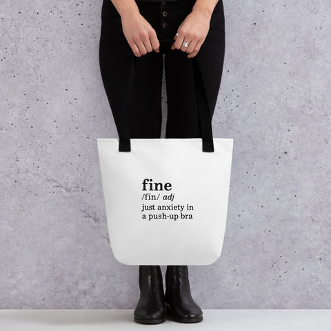 White tote bag with 'Define Fine Tote Bag' design — Funny therapy gifts for emotional carry-ons.