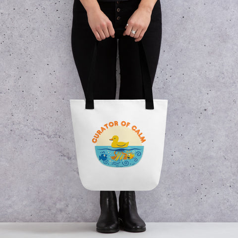 White tote bag with 'Curator of Calm Tote Bag' design — Funny therapy gifts that carry it all.