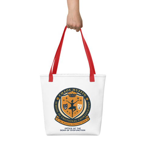 White tote bag with 'School of Emotional Choreography Tote Bag' design — Funny therapy gifts for emotional academics on the go.