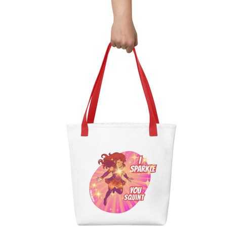 White tote bag with 'I Sparkle, You Squint Super Femme Tote Bag' design — Funny tote bags.