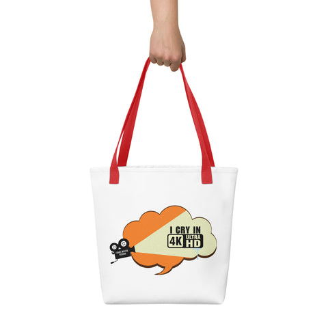 White tote bag with 'I Cry In 4K Tote Bag' design — Funny therapy gifts for meltdown queens.