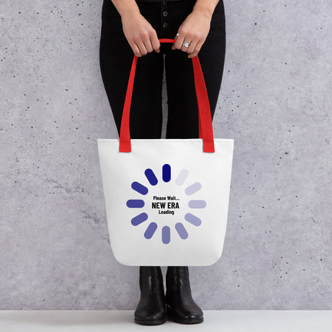 White tote bag with 'New Era Loading Tote Bag' design — Emotional support bag for soft reboots and errands with depth.