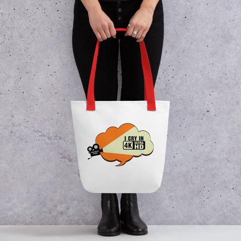 White tote bag with 'I Cry In 4K Tote Bag' design — Funny therapy gifts for meltdown queens.