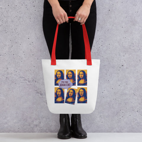White tote bag with 'Im Fine-Adjacent Tote Bag' design — Funny therapy gifts for the emotionally seasoned.