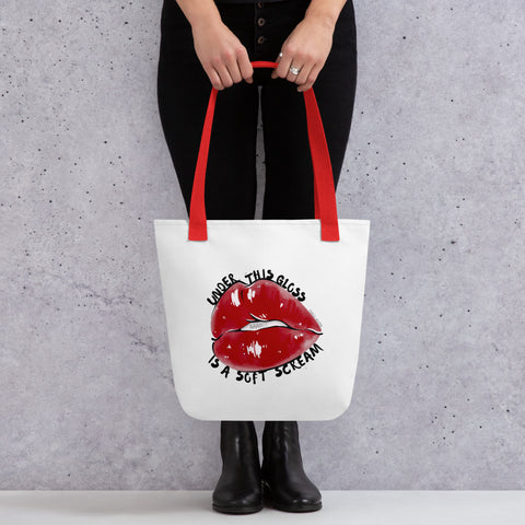 White tote bag with 'Under This Gloss Tote Bag' design — Funny therapy gifts with emotional range.