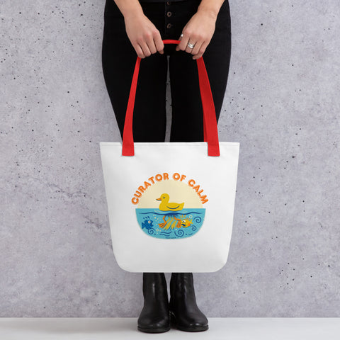 White tote bag with 'Curator of Calm Tote Bag' design — Funny therapy gifts that carry it all.